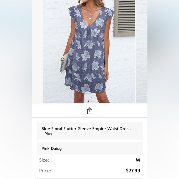 Blue floral flutter sleeve empire waist dress - size M - Picture 8 of 8